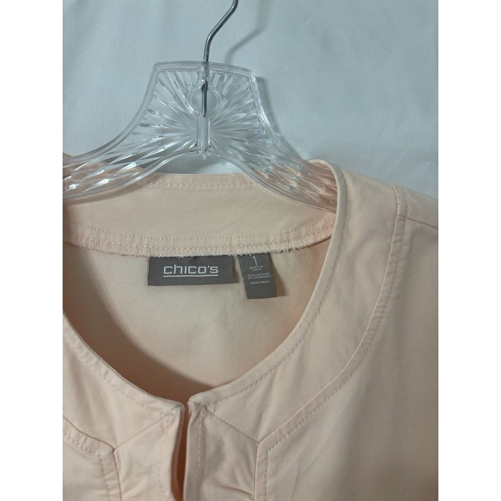 Chico's Jacket Size 1 Peach Pink Ruffle Trim Open Front 3/4 Sleeve Twill Blazer - Picture 10 of 11
